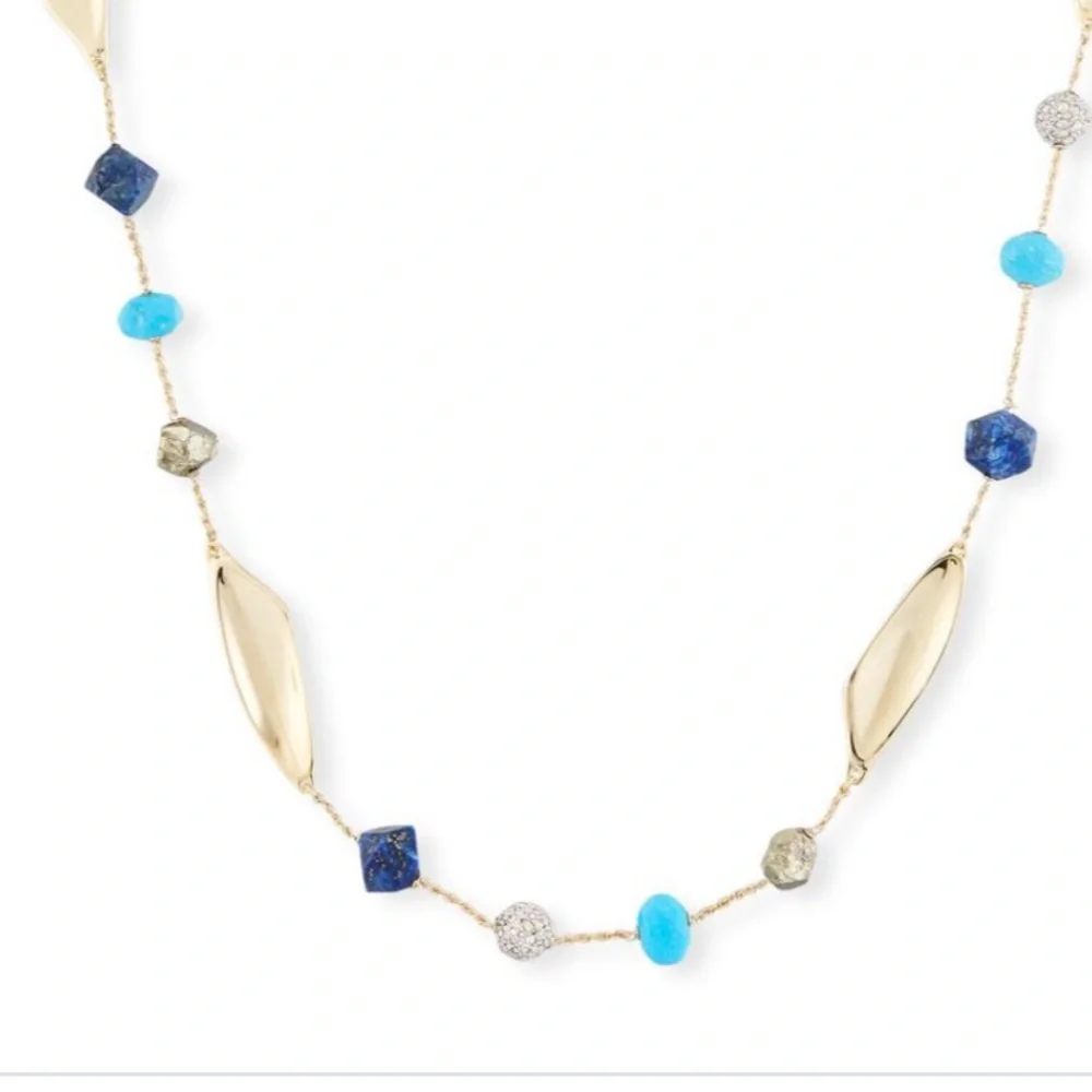 ALEXIS BITTAR NEW Gold Long Lapis Turquoise Pyrite Bead Chain  Gemstone Necklace